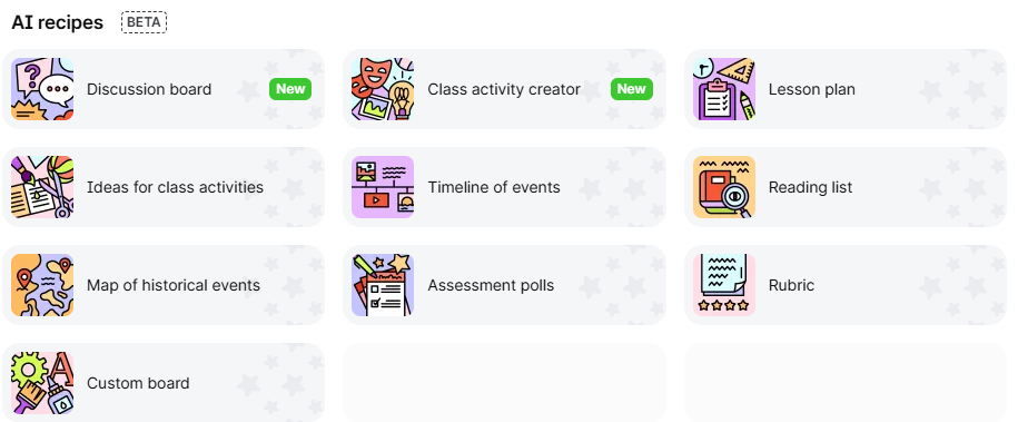 The Padlet "AI recipes" panel, marked Beta, offering Discussion board and Class activity creator (both new), Lesson plan, Ideas for class activities, Timeline of events, Reading list, Map of historical events, Assessment polls, Rubric and Custom board.