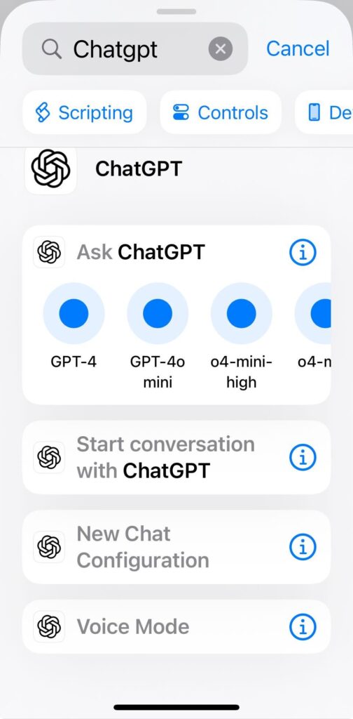 The iOS Shortcuts action search filtered to "Chatgpt", listing ChatGPT actions: Ask ChatGPT with model options GPT-4, GPT-4o mini and o4-mini-high, plus Start conversation with ChatGPT, New Chat Configuration and Voice Mode.