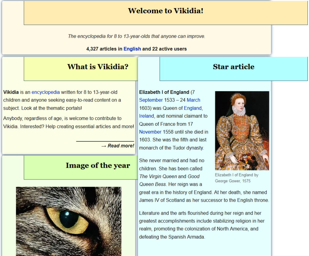 The Vikidia home page, "The encyclopedia for 8 to 13-year-olds that anyone can improve", showing 4,327 articles in English, a "What is Vikidia?" panel, an Image of the Year panel with a close-up of a cat's eye, and a star article on Elizabeth I of England.
