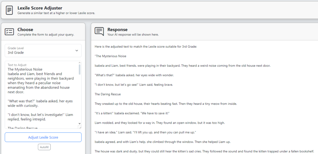 The TeacherServer Lexile Score Adjuster, which generates a similar text at a higher or lower Lexile score. The left panel has Grade Level set to 3rd Grade and a source passage, "The Mysterious Noise". The right panel shows the adjusted version rewritten in simpler language, with changed words highlighted.