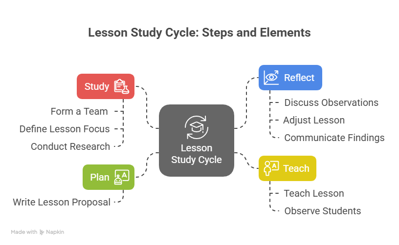 Diagram, "Lesson Study Cycle: Steps and Elements", with a central Lesson Study Cycle node branching to Study (form a team, define lesson focus, conduct research), Plan (write lesson proposal), Teach (teach lesson, observe students) and Reflect (discuss observations, adjust lesson, communicate findings).