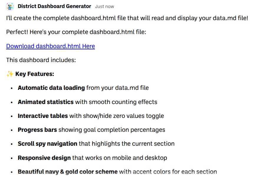 A chat reply from a bot named District Dashboard Generator offering a download link for a complete dashboard.html file. Key features listed: automatic data loading from a data.md file, animated statistics, interactive tables with a show/hide zero values toggle, progress bars, scroll spy navigation, responsive design and a navy and gold color scheme.
