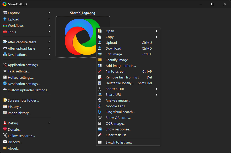 The ShareX 20.0.3 window with a captured image selected and its right-click menu open, offering Upload, Download, Edit image, Beautify image, Add image effects, Pin to screen, Shorten URL, Analyze image, Google Lens, Show QR code and OCR image.