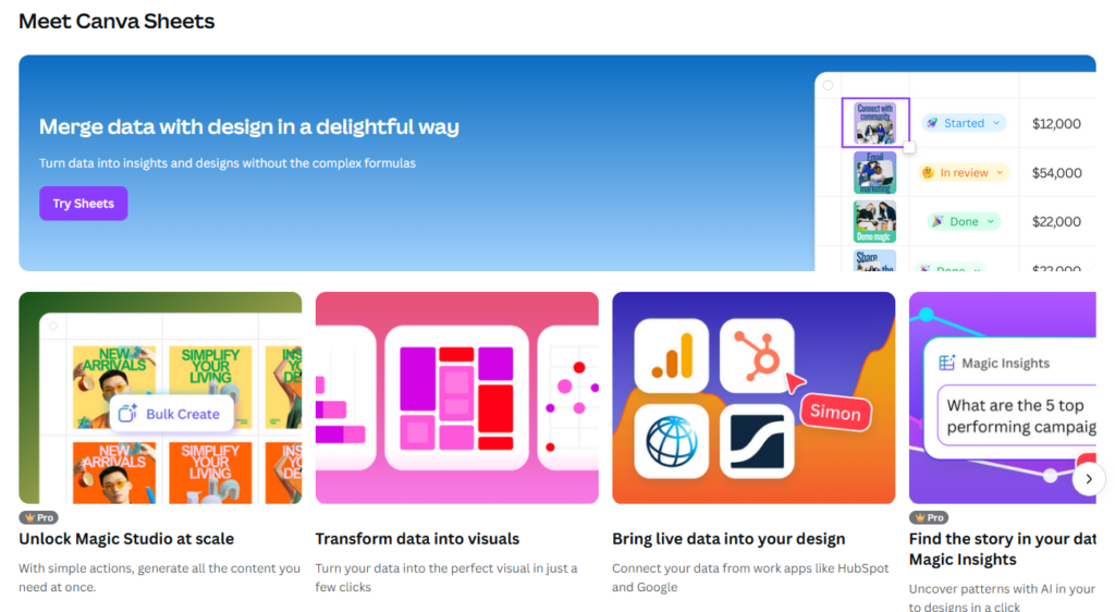 Canva Create presentation slide previewing new Canva for Education features, with colorful panels for visual documents, classroom resources and integrated creative tools.