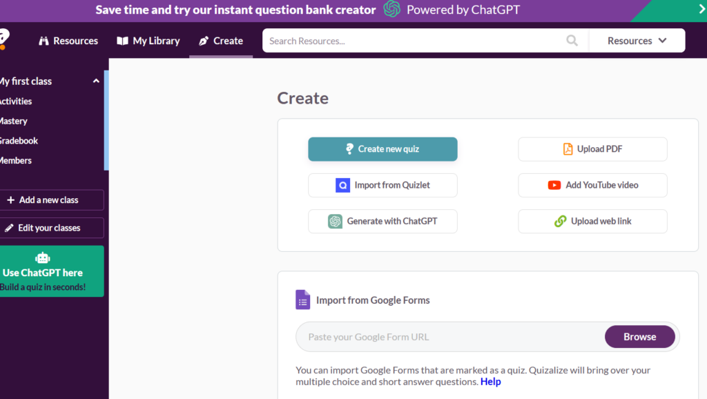 Quizalize import screen